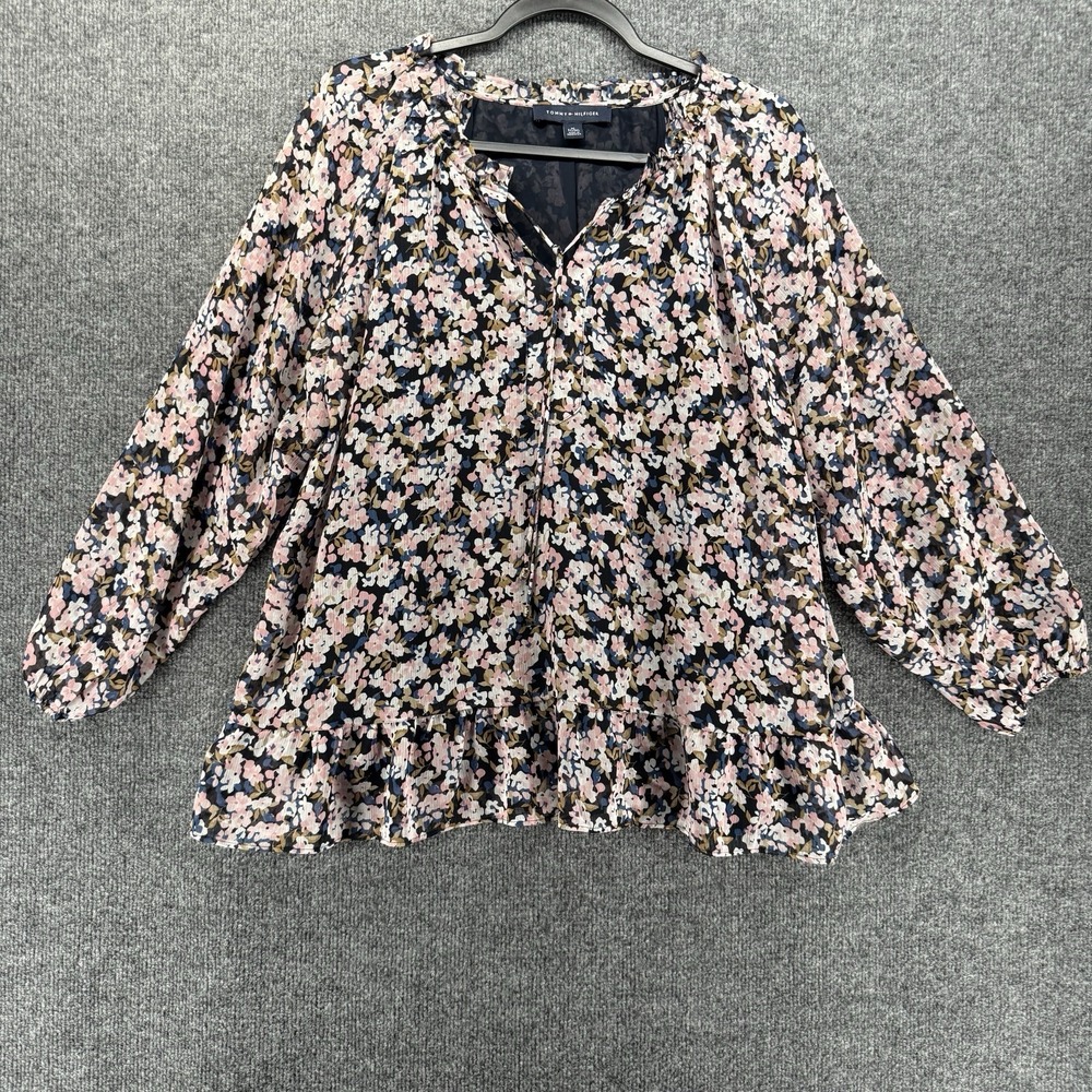 Tommy Hilfiger Top Womens XL Blue Floral Peasant Boho Cottage Prairie Western